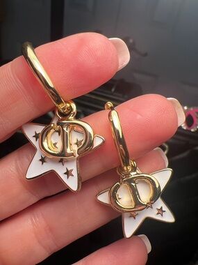 Gold & White Star Hoop Earrings with Interlocking Logo
